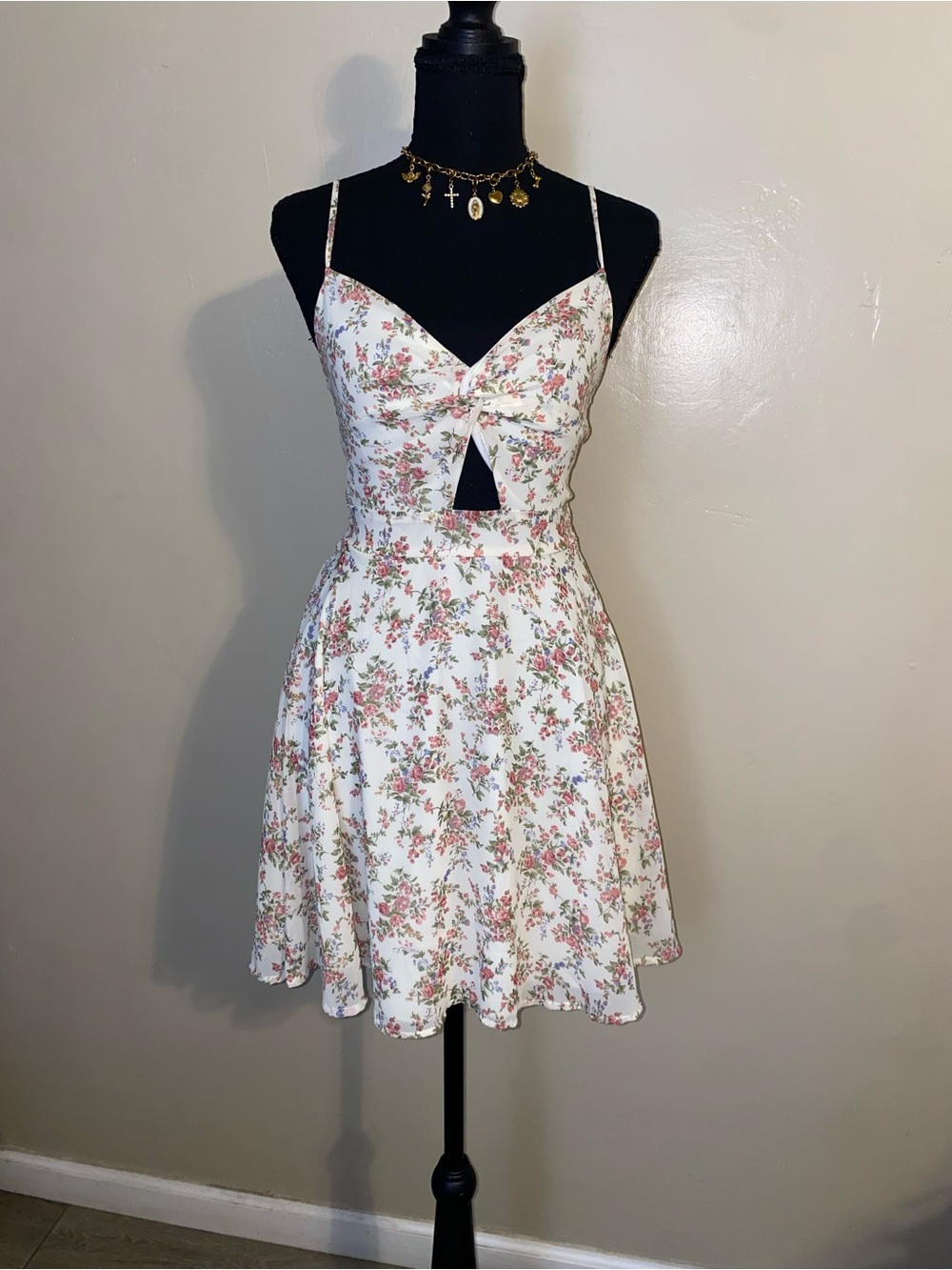 White Floral Tie-Front Mini Dress with Spaghetti Straps